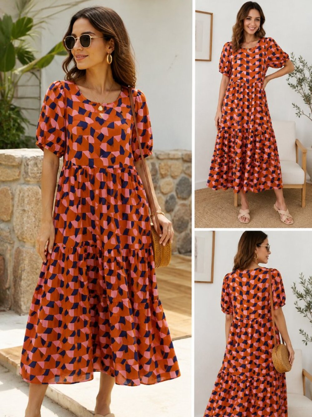 Mister Zimi Orange, Pink & Navy Geometric Maxi Dress